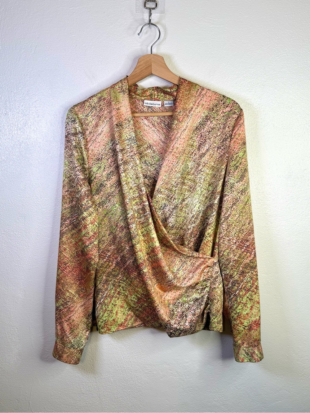 Vintage Liz Claiborne Wrap Blouse Earthy Abstract Watercolor Pattern Size Large